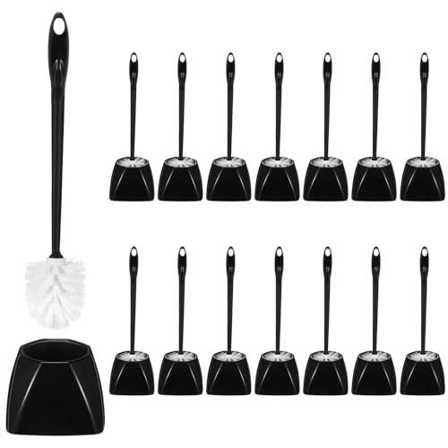 Image of FoldTier 15 Sets Toilet Holder and Brush Set 16.14 Inch Toilet Bowl Cleaner Brush with Caddy Bathroom Scrub Plastic Scrubber with Long Handle for Bathroom Cleaning, Easy to Assemble (Black)