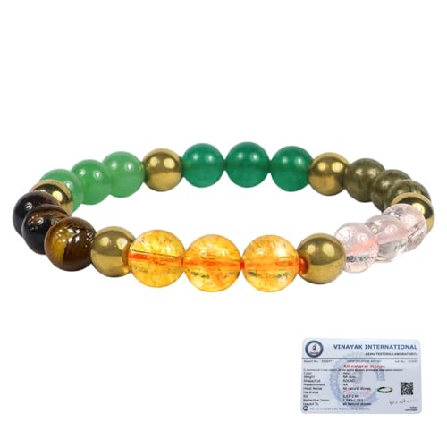 Image of Reiki Crystal Products Certified Tiger Eye, Green Aventurine, Dhan Yog, Hematite, Pyrite 8 mm Round Bead Bracelet | Natural Healing Crystal Bracelet for Men & Women | Reiki Charged