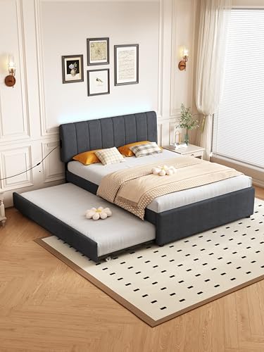 FAVSH Full Size Upholstered Platform Bed with Trundle and USB/Type-C Charging Linen Fabric Full and Twin Double Bed w/LED Lights with APP for Bedroom Dark Gray