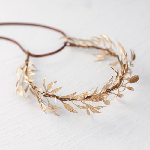 KorViSHOW Gold Leaf Headband Fairy Leaf Crown Wedding Hair Wreath Bamboo Flower Core Headpiece Bridesmaid Prom Festival Hair Accessories for Women Girls