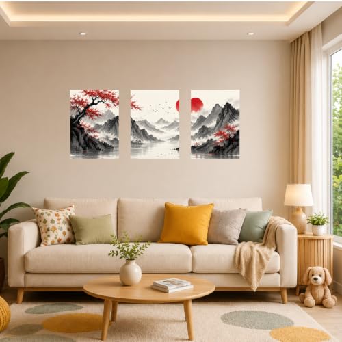 Image of Everoot's CRIMSON DAWN | 3 Piece Abstract Wall Art Poster Set | 12 x 18 Inch Each | 300 GSM Premium Wall Decor with Adhesive Stickers | Easy to Apply & Remove | Living Room, Bedroom & Office | Unframed