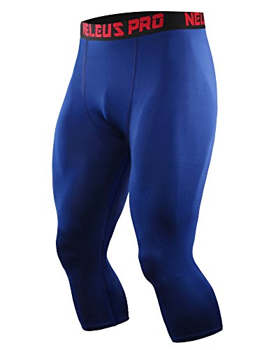 NELEUS Men's 3 Pack Running Capri Leggings Athletic Compression Short,6057,Black (red Stripe),Grey,Blue,L