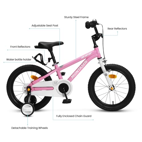 Montasen Kids Bike for 4-8 Years Old, 12 14 16 18 inch Boys Girls Toddler Bike with Training Wheels Children Bicycle with Dual Hand & Coaster Brake, Adjustable Seat & Handlebars (Pink, 14 Inch) by Montasen - Used condition - Image 2