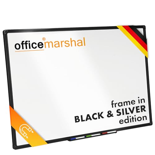 OfficeMarshal Magnettafel Whiteboard 60 x 90 cm mit Alurahmen schwarz | Magnetisches Whiteboard mit Stiftablage | Memoboard Magnetwand trocken abwischbar (schwarzer Rahmen, Onyx)