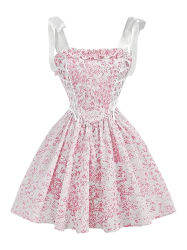 SHENHE Girl's Floral Corset Dress Lace Up Tie Shoulder Smocked Fit and Flare Flowy Sundress