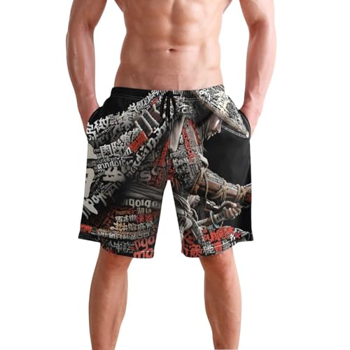 Men Swim Trunks-Abstract Samurai, Beach Shorts with Inner Lining Quick Dry Board Shorts S