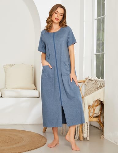Image of Ekouaer Women Robe Zipper Short Sleeves Full Length House Coat with Pockets