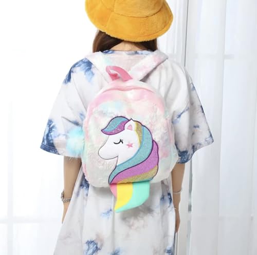 Image of Backpack- Cute Plush Unicorn Furry Furr Toddler Small Backpack /Princess Cute Small Bags for Nursery, Soft Lightweight Travel Bags for Girls | Little Plush Unicorn Theme Bag ||