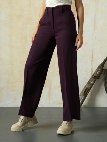 Image of High Star Women High Rise Solid Regular Length Wide Leg Casual Trousers