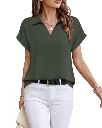 Timeson Work Tops for Women Office Professional: Wrinkle Free - Blouses for Women Fashion 2025 - Short Sleeve Business Casual Shirts Job Interview Clothes Ladies Dressy Chiffon Tunics Chive Green L