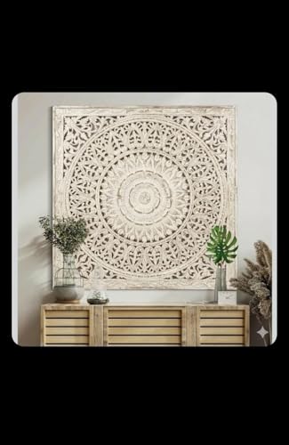 Image of ROYAL TRADERS Hand Carved Wooden Mandala Wall Panel | Vintage Floral Wall Art | Decorative Wooden Wall Hanging | Boho Home Decor Panel Large Wall Decor Panel, Wooden Carving Wall Hanging (WHITE)
