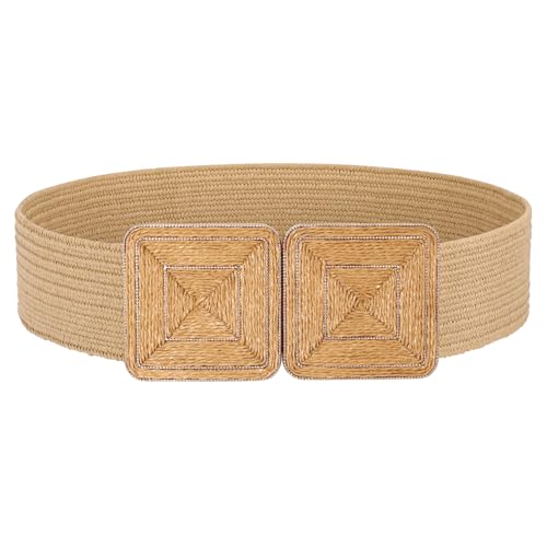 JASGOOD Straw Woven Elastic Belts for Women,Rattan Wide Stretch Belt for Dress Boho Wear Ladies Raffia Braided Square Belt