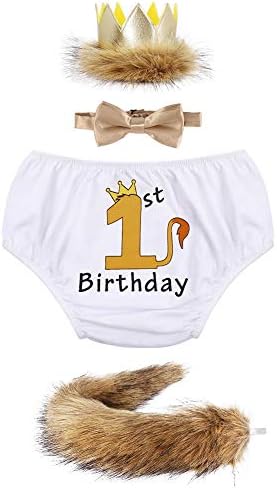 FYMNSI Baby Boy 1st / 2nd Birthday Cake Smash Outfit Wild One Lion Costume Photo Props Crown Tail Bow Tie Suspenders Bloomers Set