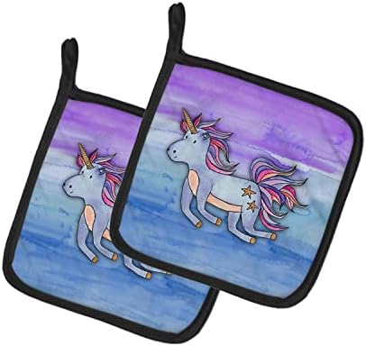 Caroline's Treasures BB7433PTHD Blue Unicorn Watercolor Pair of Pot Holders Kitchen Heat Resistant Pot Holders Sets Oven Hot Pads for Cooking Baking BBQ, 7 1/2 x 7 1/2