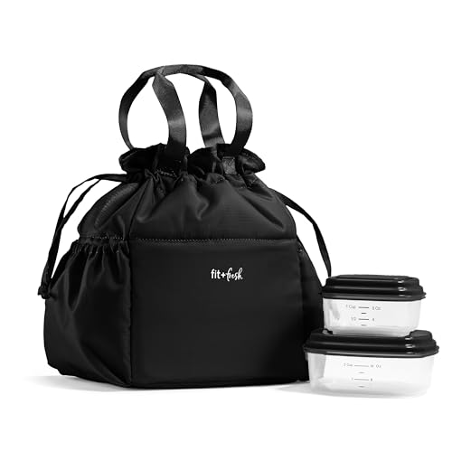 Fit & Fresh Cromwell Drawstring Lunch Bag for Women, Complete Lunch Set with 2 Containers, Stain-Resistant, Leak-Resistant, Back to School Essential, Teacher Lunchbox, Black
