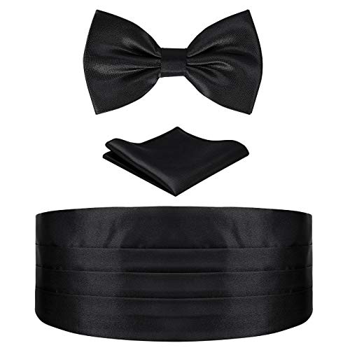 HDE Black Cummerbund, Bow Tie, Pocket Square for Men Satin Tuxedo Set
