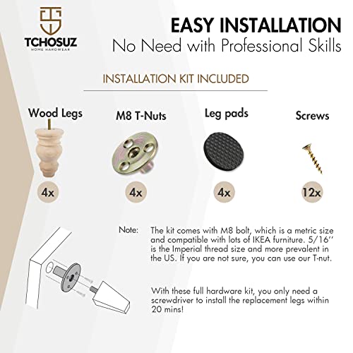 5 Inch / 12Cm Wooden Furniture Legs, Tchosuz Pack Of 4 Unfinished Solid Wood Turned Diy Replacement Bun Feet With M8 Hanger Bolts & T-Nuts Or Sofa Couch Cabinet Recliner Ottoman Riser #TOP4