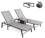 Brafab Outdoor Lounge Chair Set - 3 Pieces Aluminum Patio Chaise Chairs Set, Pool Loungers with Side Table & Insulated Cooler Bag, Adjustable Backrest Beach Chair for Poolside Garden Lawn Deck, Grey