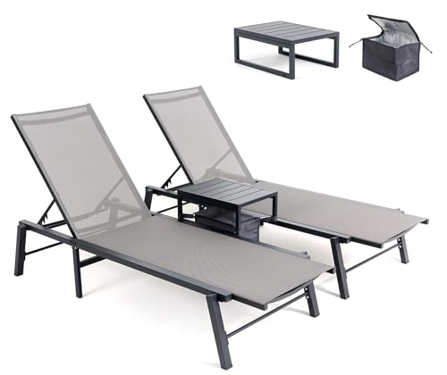 Brafab Outdoor Lounge Chair Set - 3 Pieces Aluminum Patio Chaise Chairs Set, Pool Loungers with Side Table & Insulated Cooler Bag, Adjustable Backrest Beach Chair for Poolside Garden Lawn Deck, Grey