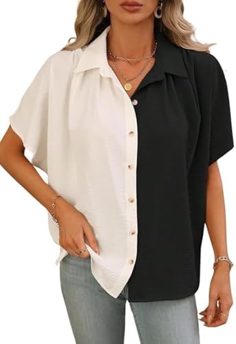 GRECIILOOKS Polycotton Shirt for Women | Shirt Top | Color Block Button Down Blouse Casual Loose Fit Short Sleeve Summer Shirts Work, Vacation & Everyday Wear