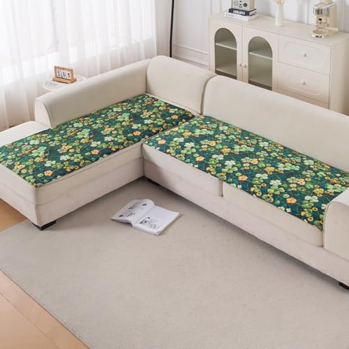 Image of HOKIPO 'Nature Muse' Premium HD Printed Holland Velvet L Shape (3+2 Seater) Sofa Cover Seat Mat, Emerald Garden (IN-916-D4 + IN-918-D4)