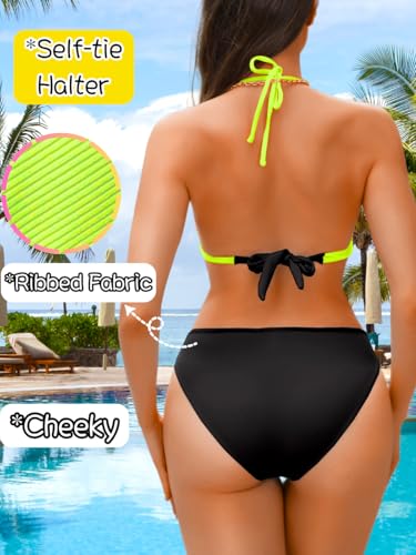 Women Sexy Ribbed Color Block Bikini Sets, Halter Triangle Two Piece Swimsuit, Cut Out Low Rise Cheeky Bathing Suit3