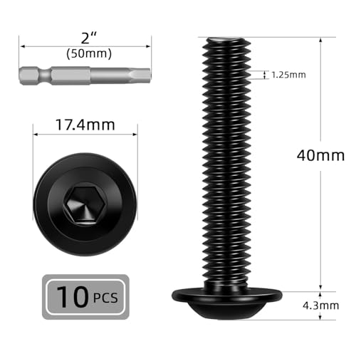 Image of M8-1.25 x 40mm 10 PCS Flanged Button Head Socket Cap Bolts Screws, Stainless Steel 304, Allen Socket Drive, Screwdriver Bit Included, Black Finish, Fully Machine Thread