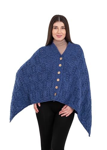 Image of SAOL Aran Poncho 100% Merino Wool for Ladies with Buttons V-Neck Shawl Cardigan