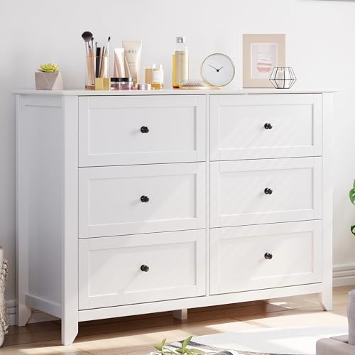 GarveeHome White Dresser for Bedroom, 6 Chest of Drawer Dresser for 48 inch TV, Modern Wood Organizer TV Stand for Living Room, Closet Storage, Entryway, Hallway