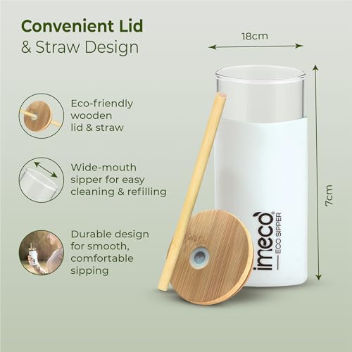 Image of IMECO ECO Sipper Glass Bottle with Bamboo Lid & Straw 450ml | Borosilicate Glass Tumbler | Leakproof & BPA-Free | Reusable, Non-Toxic & Lightweight | Ideal for Milk, Coffee & Tea - White