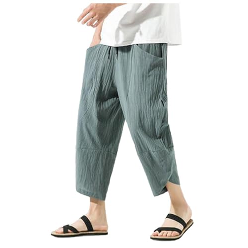 Men's Linen Harlan Shorts Lightweight Elastic Waist Wide Leg Casual Loose Beach Cropped Pants