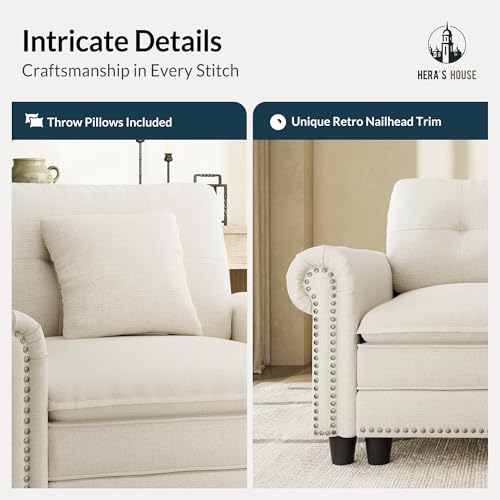 Image of HERA'S HOUSE Modular Sectional Sofa Set for Living Room 2-Piece Deep Seats | Mid-Century Modern 5-Seater Cloud Sofa Set, Beige, Rolled Arms & Nailhead Trim, Wider & Deeper Seats, Linen Furniture Set