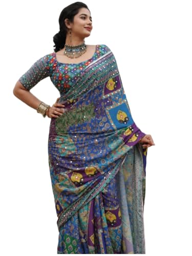 Image of Sidhidata Women's Chinon Ajrakh Printed Mirror Patch Work Saree With Unstitched Blouse Piece (Rangrezz Blue Blue Free Size)
