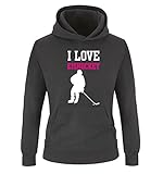 Comedy Shirts I Love Eishockey - Kinder Hoodie - Schwarz/Weiss-Pink Gr. 152