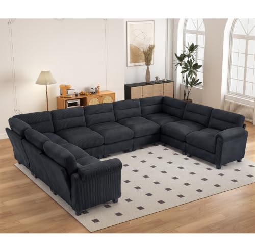 HAOMARKETS 141" Wide Modular Sectional Corner Sofa Couch, Oversized Corduroy U Shaped 10-Seater Couches with Rolled Arms and Thicken Cushion for Living Room, Black
