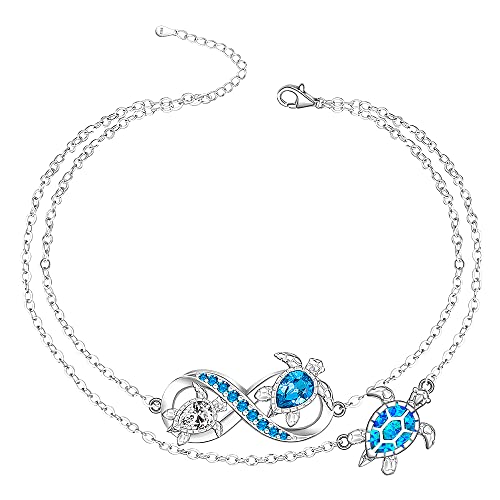 Image of Fenthring Turtle Anklet S925 Sterling Silver Blue Opal Sea Turtle Ankle Bracelets for Women Infinity Wave Ocean Beach Summer Foot Bracelet Jewelry Layered Adjustable
