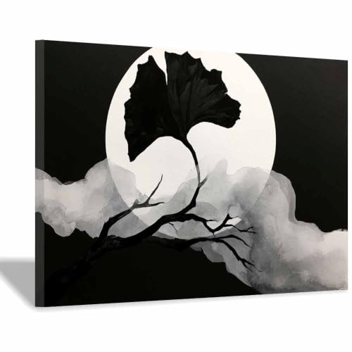 Peinture sur toile scène lunaire d'ink ginkgo encadrée premium