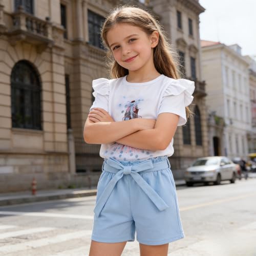 Image of 3-8 T Toddler Girls Clothing Set Ruffle Sleeve Bow Tie Top + Floral Shorts Set