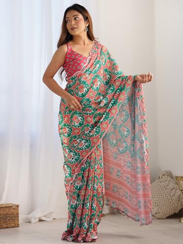 Image of Panzora Women's Chinon Printed Saree With Unstitched Blouse Piece