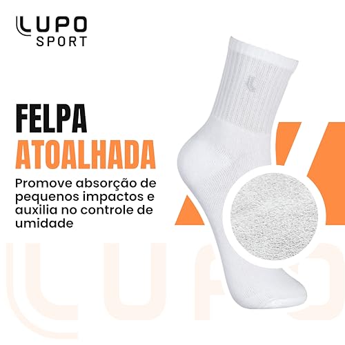 LUPO Kit 6 Pares Meia Cano Médio Esportiva Algodão Unissex Adulto, 6 Brancas, 41-44