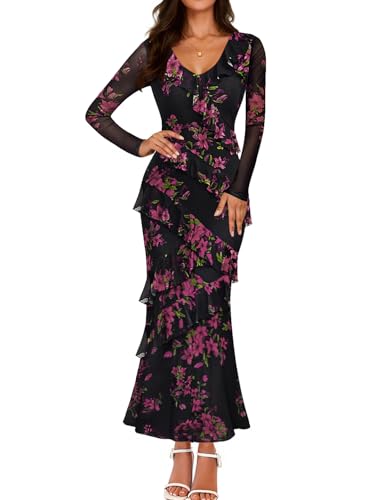 ZESICA Women's Fall Floral Long Sleeve Maxi Dress 2025 Boho Bodycon V Neck Ruffle Wedding Party Long Dresses