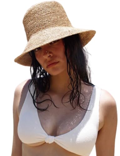 AMOFIA Womens Raffia Straw Bucket Hat Natural Raffia Beach Hat Handmade Woven Foldable Sun Hats Summer Travel Cap
