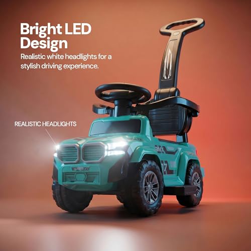 Image of Baybee Ride on Cars for Kids | Baby Push Ride ons Toys Car with Parental Handle & Safety Guardrail | Baby Toy Car with Backrest, Light & Music | Outdoor Kids Cars for 1 to 3 Years (Nitro Pro Green)