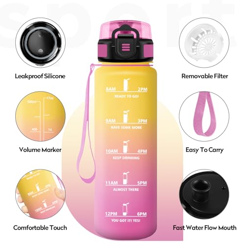 Trinkflasche 500ml, Motivierende Trinkflasche mit Zeitmarkierung, Auslaufsicher, Wasserflasche Kinder mit Filte, Kohlensäure Geeignet, Sport Wasserflasche für Radfahren, Schule, Junge, Mädchen