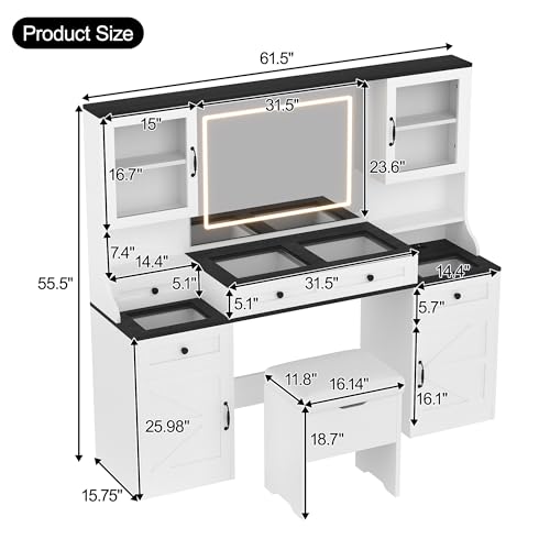 Image of JIVOIT Farmhouse Vanity Desk with Mirror, 61.5 inch Makeup Vanity Table Set with Glass Visual Desktop and Cushion Stool, Dressing Table with 5 Drawers and 4 Cabinets for Room