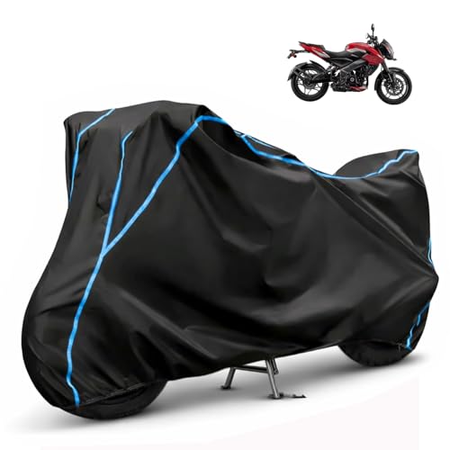 Image of Compatible with Bajaj Pulsar NS200 Waterproof Two Wheeler Bike Body Cover Water Resistant, Heavy Duty, UV Rays, Dust & Scratch Protection for All-Modal & Variants (Black,Sky Blue Piping)