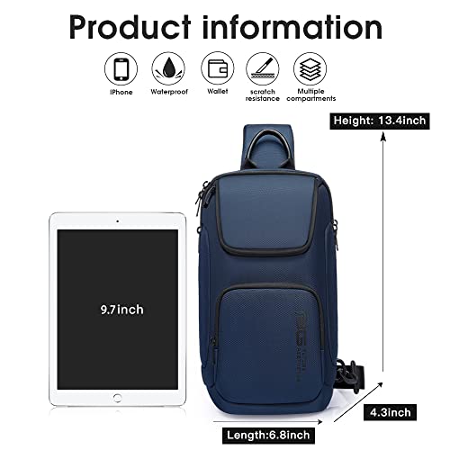 Image of BANGE Sling Bag for Men,Shoulder bags Crossbody Sling Backpack for Men and Women, Blue, 8.4 x 21.8 x 32.8 cm, Durable