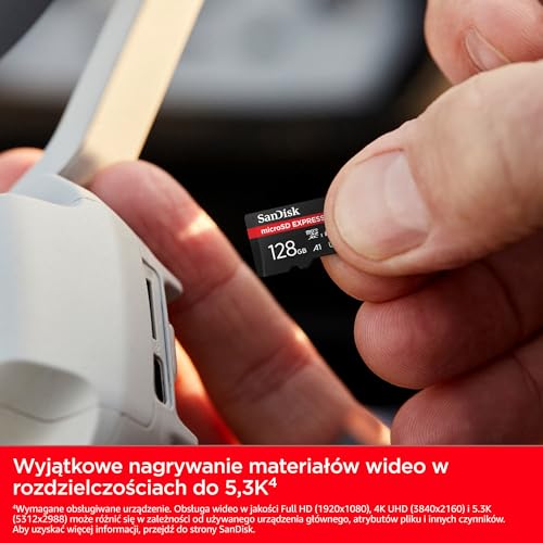 SanDisk MicroSD Express 128GB, karta mSD, prędkość odczytu do 880 MB/s, prędkość zapisu do 480 MB/s, stała prędkość zapisu 100 MB/s, technologia SanDisk QuickFlow, ThermAdapt, UHS-I, U3, C10