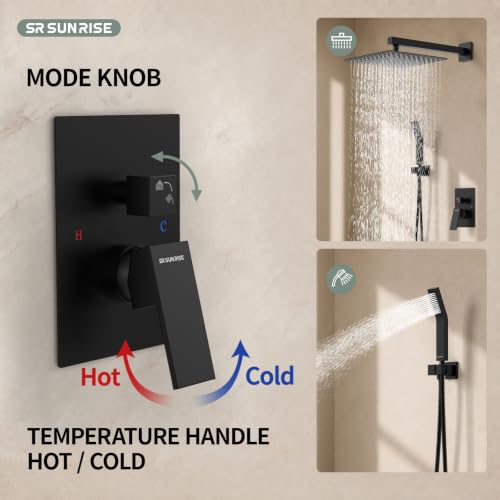 Image of SR SUN RISE 12 Inches Matte Black Shower System Inch Brass Bathroom Luxury Rain Mixer Combo Set Wall Mounted Rainfall Head Faucet Rough-in Valve Body and Trim Included