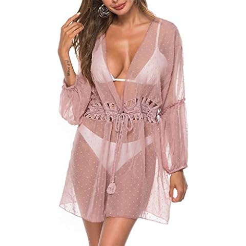 LeaLac Women’s Crochet Chiffon Tassel Swimsuit Beach Bikini Cover Ups for Swimwear L564-9328-Pink Cover